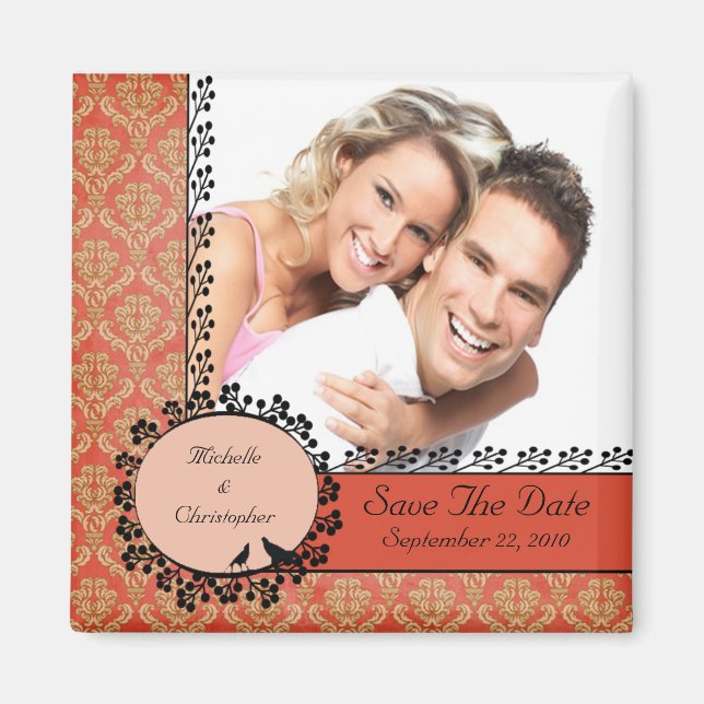 Fall Damask Love Birds Photo Save The Date Magnet (Front)