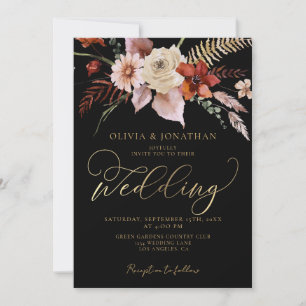 Fall Dark Moody Floral Black Gold Elegant Wedding  Invitation