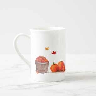 Fall Day with Pumpkins Leaves Apples and Rake Bone China Mug