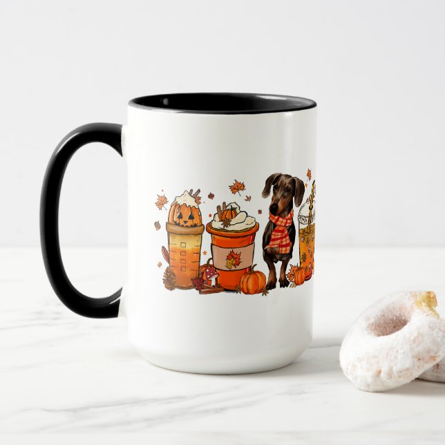Fall Dog Coffee Mug, Dachsund Dog Mug, Fall Vibes  Mug (With Donut)