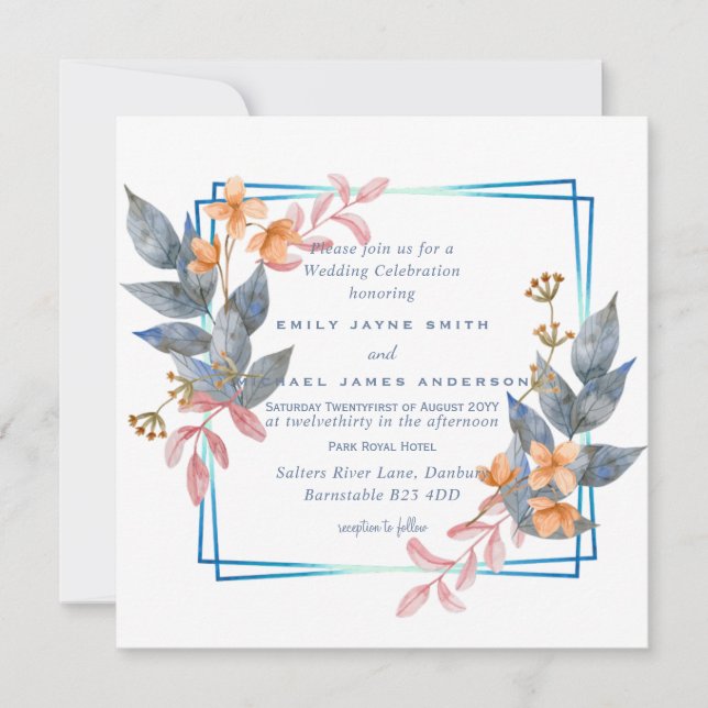 Fall Dusty Blue Orange Leaf Wedding Invites Budget (Front)