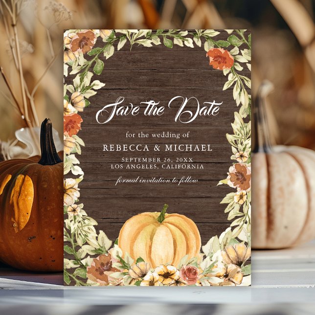 Fall Earthy Floral Pumpkin Barn Wood Wedding Save The Date (Creator Uploaded)