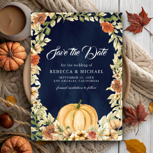 Fall Earthy Floral Pumpkin Navy Blue Wedding Save The Date