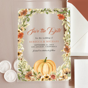 Fall Earthy Floral Pumpkin Wedding Save the Date Acrylic Invitations