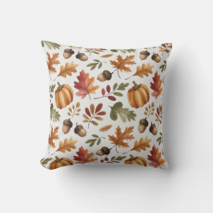 Fall Earthy Orange Watercolor Pumpkin Maple Leaves Cushion
