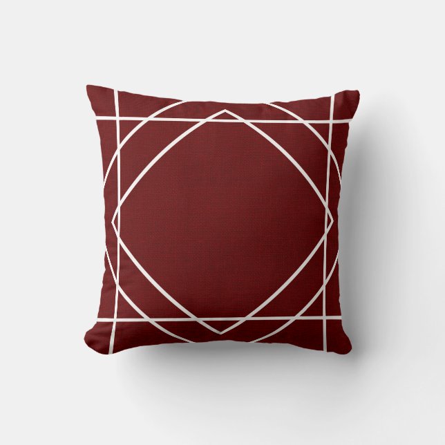 Fall Elegant Burgundy Faux Burlap & White Geo Line Cushion (Front)