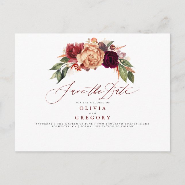 Fall Elegant Floral Save the Date Announcement Postcard (Front)