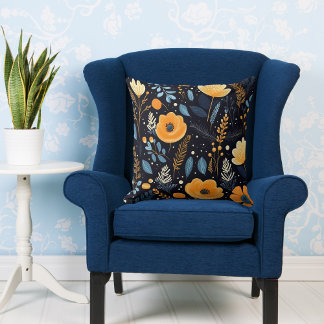Fall Elegant Orange Flowers Blue Leaves Black Cushion