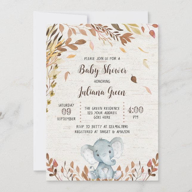 Fall Elephant Baby Shower Invitation (Front)
