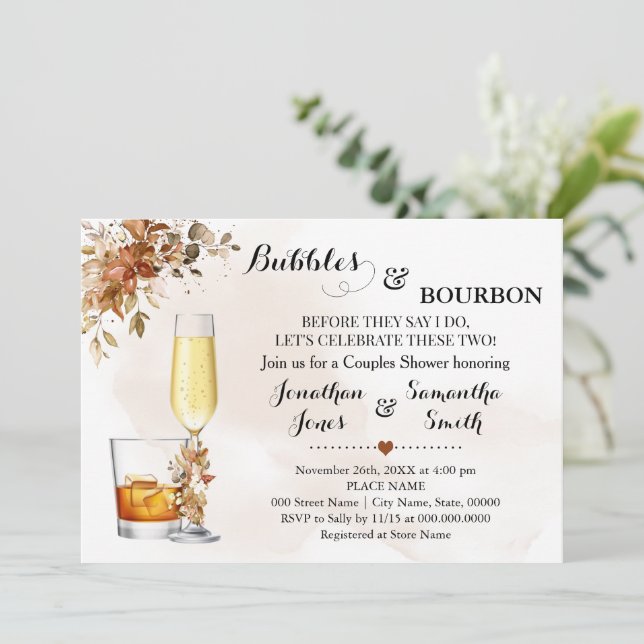Fall Eucalyptus Bubbles & Bourbon Autumn Shower Invitation (Standing Front)