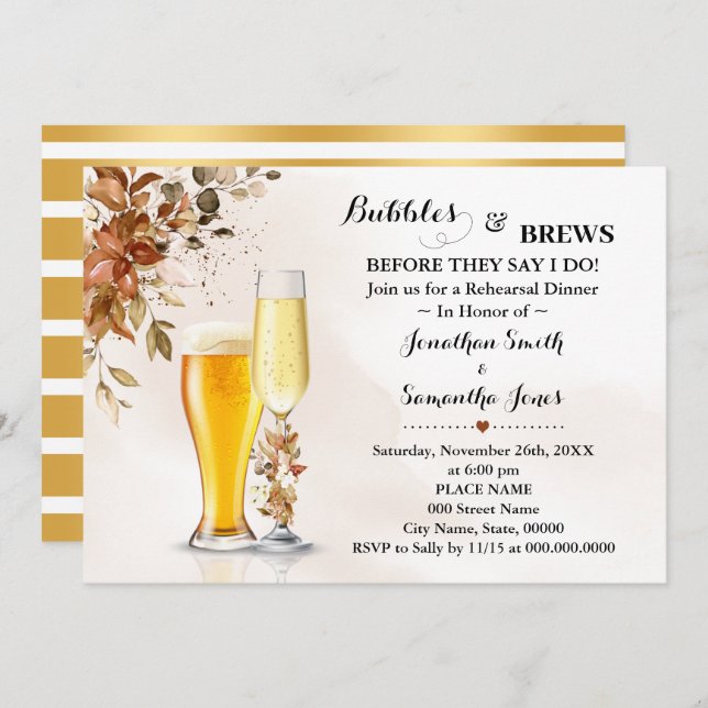 Fall Eucalyptus Bubbles & Brews Rehearsal Dinner Invitation (Front/Back)