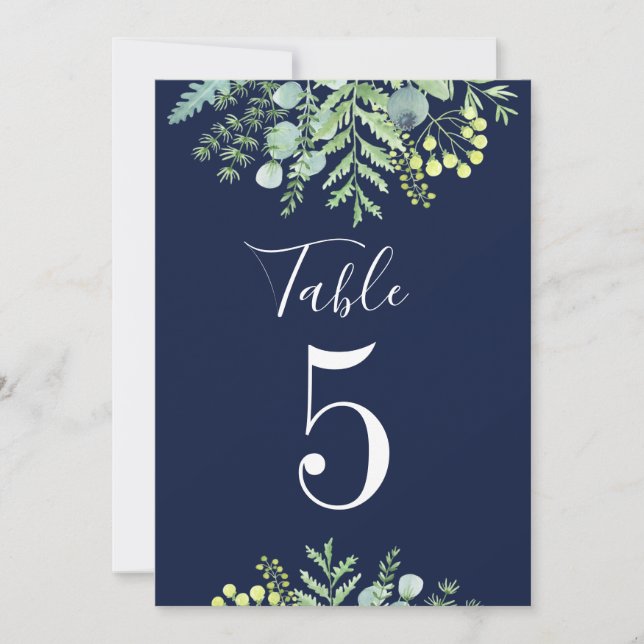 Fall Eucalyptus Floral Wedding Table Number Navy (Front)