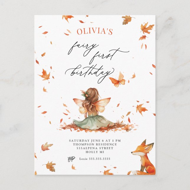 Fall Fairy and Fox First Birthday Invitation Postcard (Front)