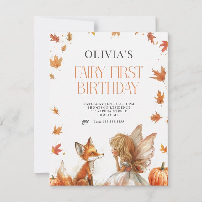 Fall Fairy First Birthday Invitation with a Fox (Front)
