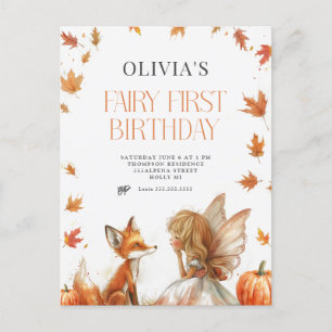 Fall Fairy First Birthday Invitation with a Fox Postcard