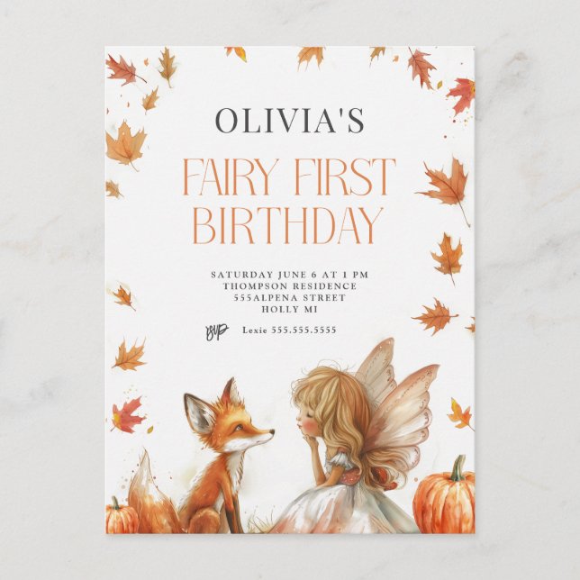 Fall Fairy First Birthday Invitation with a Fox Postcard (Front)