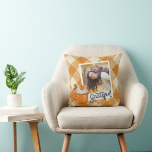 Fall Family Photo Grateful Orange Plaid Cushion