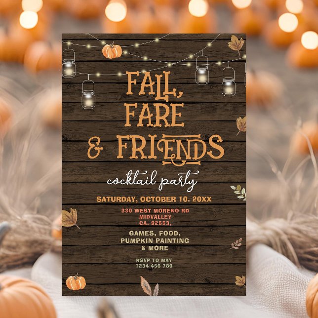 Fall, Fare & Friends Rustic Wood Cocktail Party Invitation (Creator Uploaded)