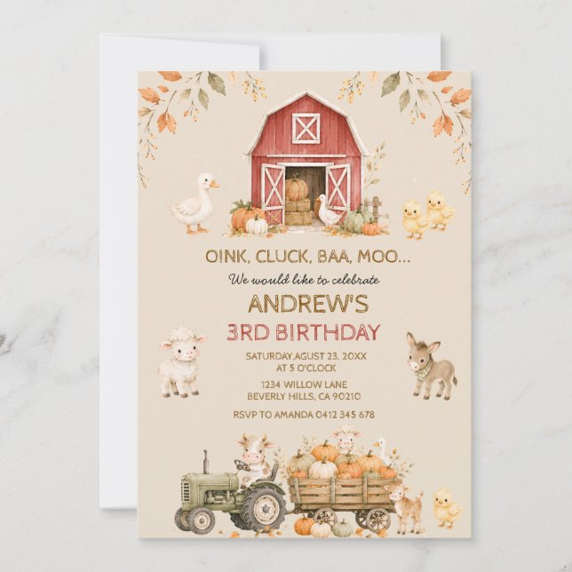 Fall Farm Animals Barnyard 3rd Birthday Invitation (Front)