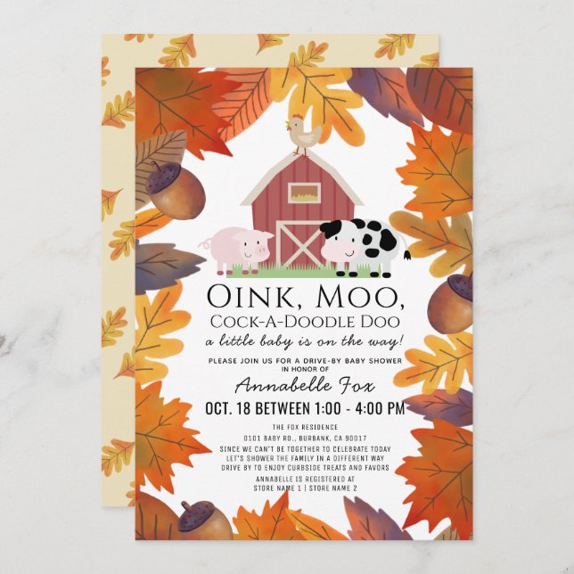 Fall Farm Animals Barnyard Drive-by Baby Shower Invitation (Front/Back)