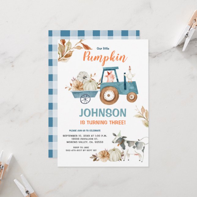 Fall Farm Our Little Pumpkin Birthday  Invitation (Front/Back In Situ)