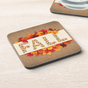 Fall Farmhouse Colorful Autumn Leaves on Burlap Coaster