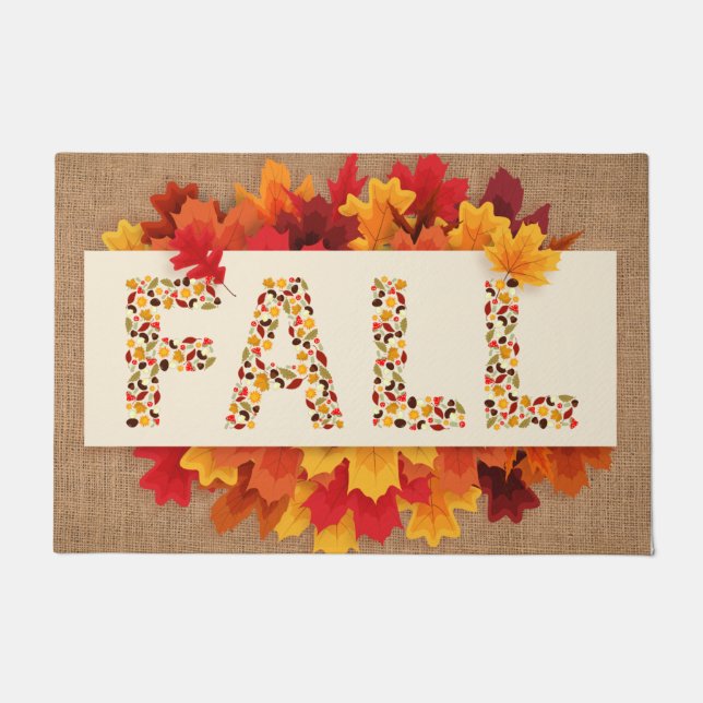 Fall Farmhouse Colourful Autumn Leaves on Burlap  Doormat (Front)