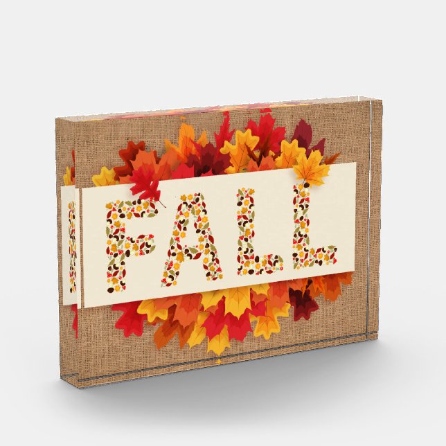 Fall Farmhouse Colourful Autumn Leaves on Burlap  Photo Block (Left)