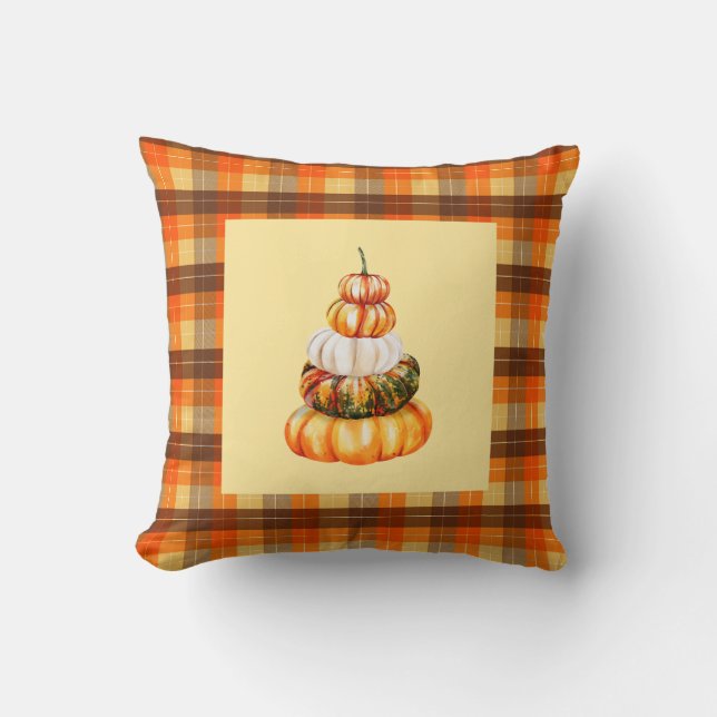 Fall Farmhouse Pumpkins and Orange Brown Plaid Cushion (Front)