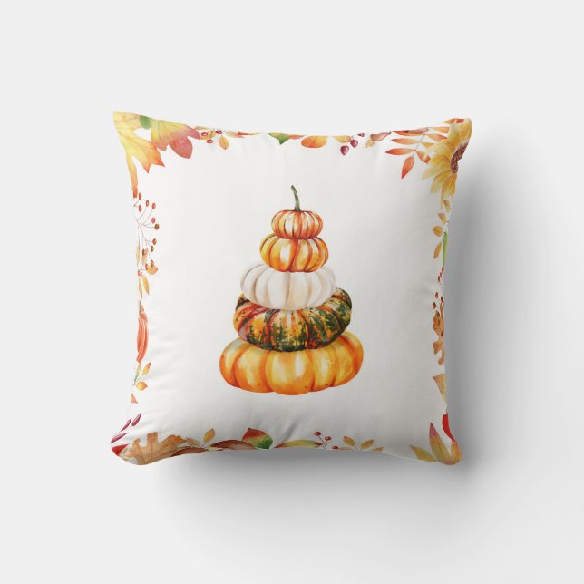 Fall Farmhouse Pumpkins with Watercolor Leaves Cushion (Front)