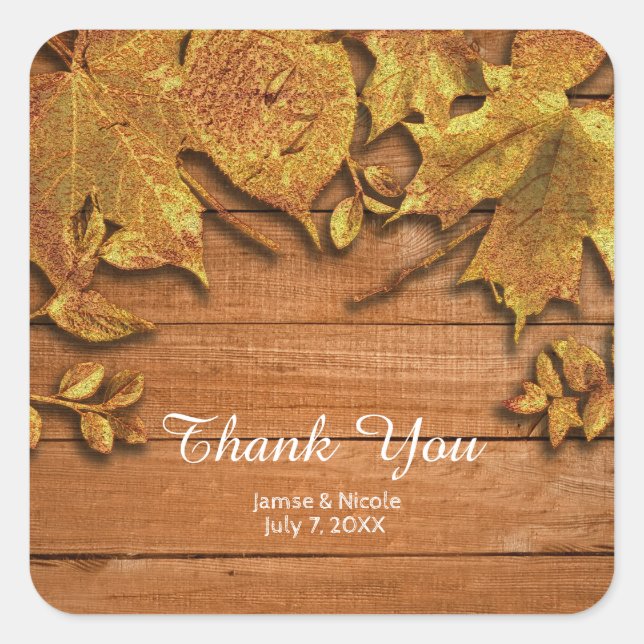 Fall Faux Gold Leaf Art Elegant Autumn Favour Square Sticker (Front)