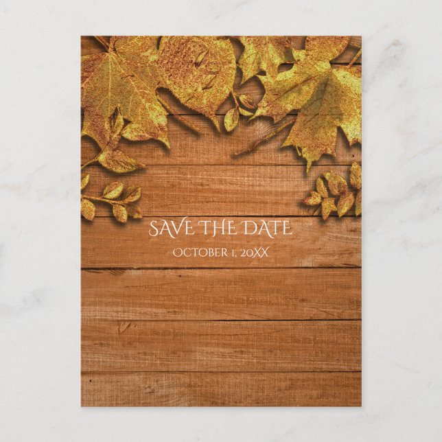 Fall Faux Gold Leaf Art Elegant Autumn Save Date Announcement Postcard (Front)