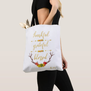 Fall Faux Gold Thankful Grateful Blessed Script Tote Bag