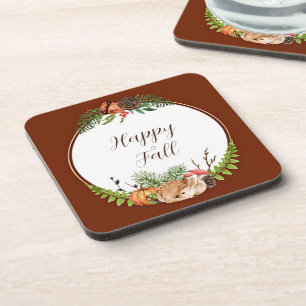 Fall fawn and nature with customisable text  coaster