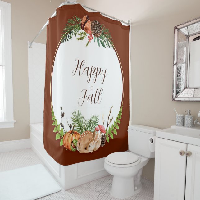 Fall fawn and nature with customisable text  shower curtain (In Situ)