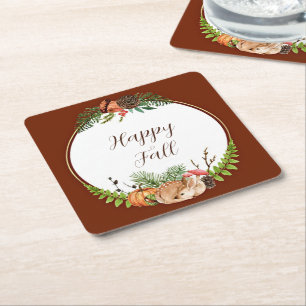 Fall fawn and nature with customisable text  square paper coaster