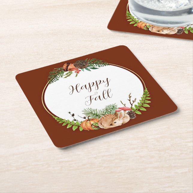 Fall fawn and nature with customisable text  square paper coaster (Angled)