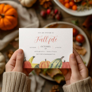 Fall Fete Autumn Party Colourful Pumpkins White Invitation
