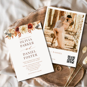 Fall Floral Autumn QR Code Photo Wedding Invitation
