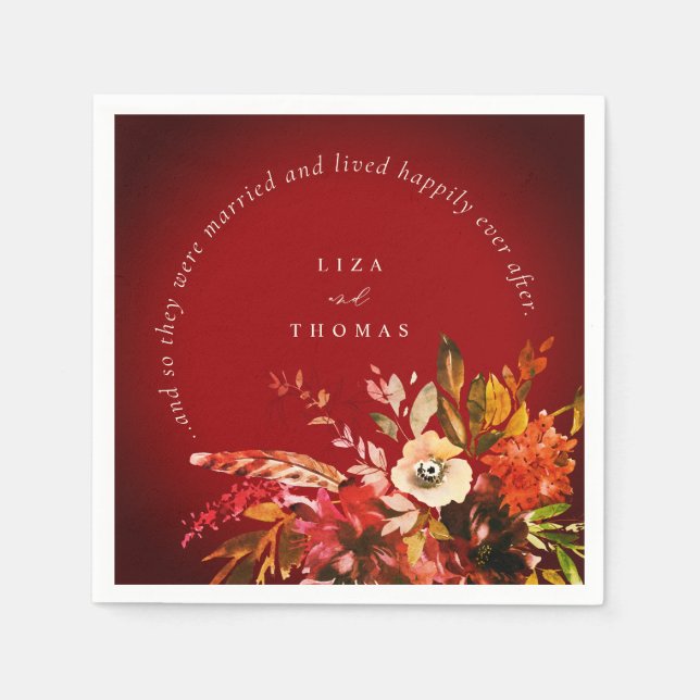 Fall Floral Autumn Red Happily Ever After Wedding Napkin (Front)