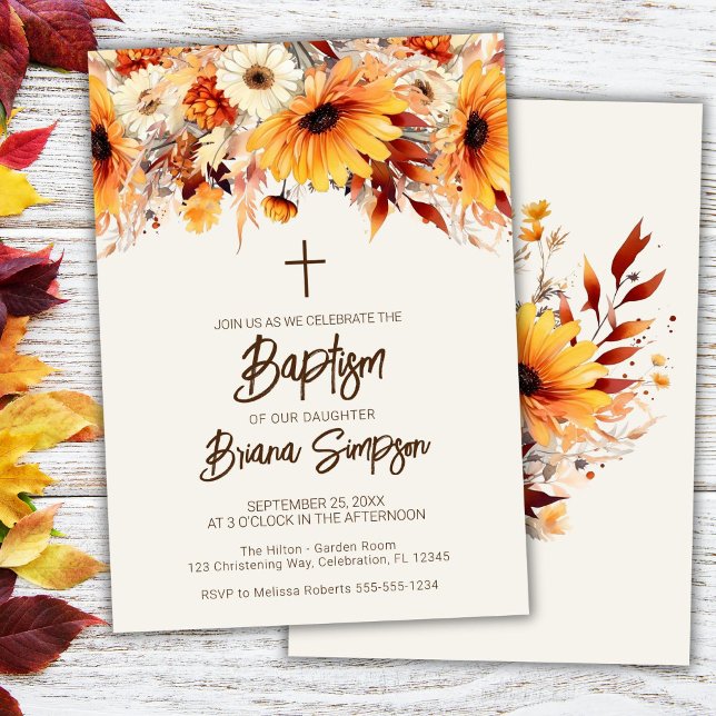Fall Floral Beige Baptism Invitation (Creator Uploaded)