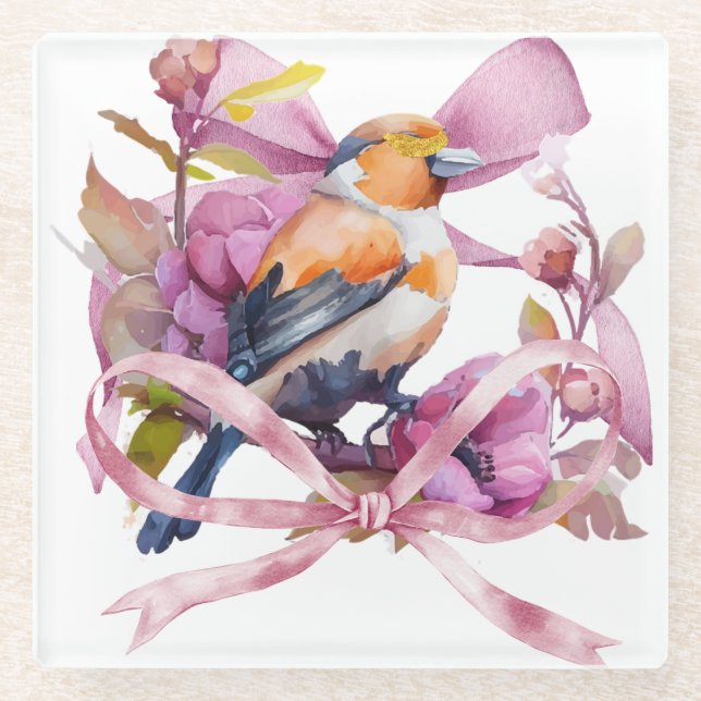 FALL FLORAL BIRDS GLASS COASTER (Front)