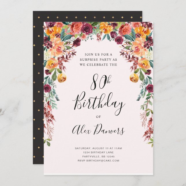 Fall Floral Birthday Invitation Any Age Milestone (Front/Back)