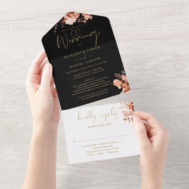 Fall Floral Black And Gold Details RSVP Wedding All In One Invitation (Tearaway)
