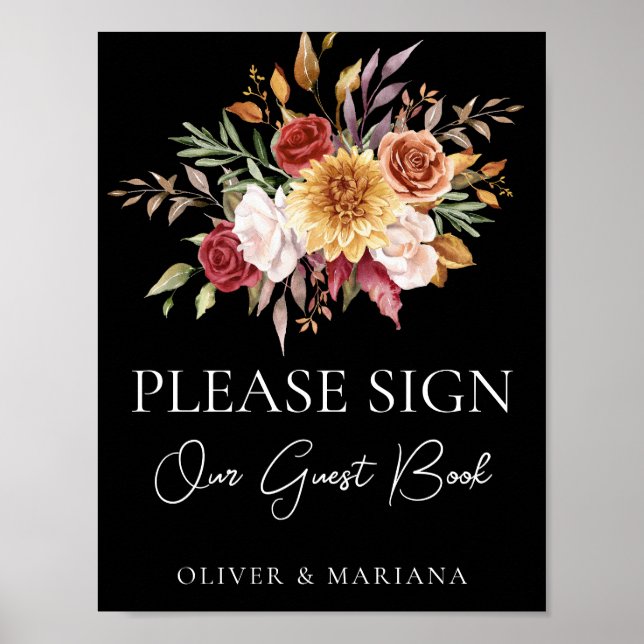 Fall Floral Black Wedding Guest Book Sign (Front)