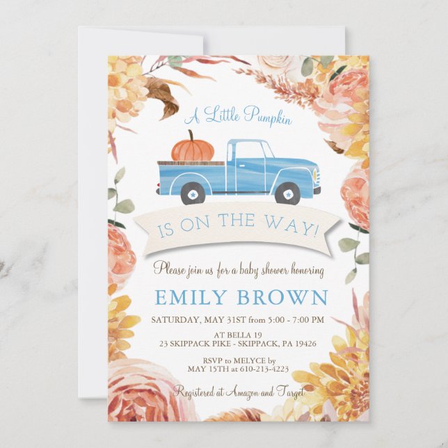 Fall Floral Blue Little PUMPKIN Boy BABY SHOWER  Invitation (Front)