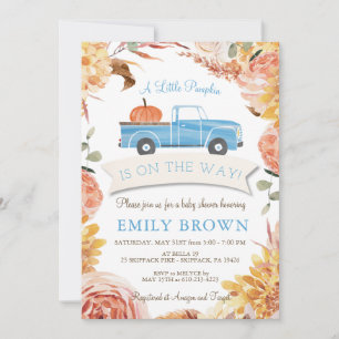 Fall Floral Blue Little PUMPKIN Boy BABY SHOWER  Invitation