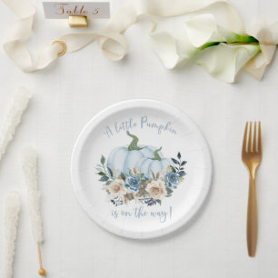 Fall Floral Blue Pumpkin Boy Baby Shower Paper Plate