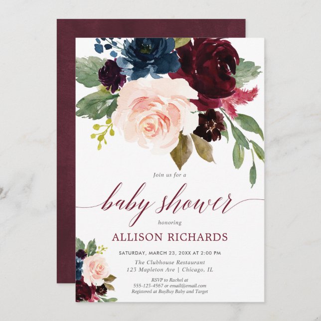 Fall floral blush marsala blue girl baby shower invitation (Front/Back)