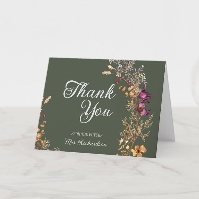 Fall Floral Boho Bridal Shower Folded Thank You Card (Fall Bridal Shower Thank You Cards from the Future Mrs., Green Wildflower Floral, Autumn Flowers)